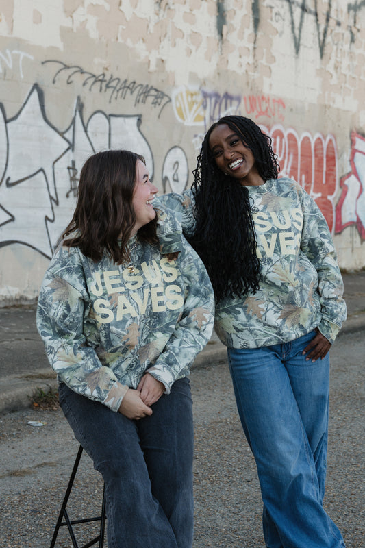 Jesus Saves Camo Crewneck